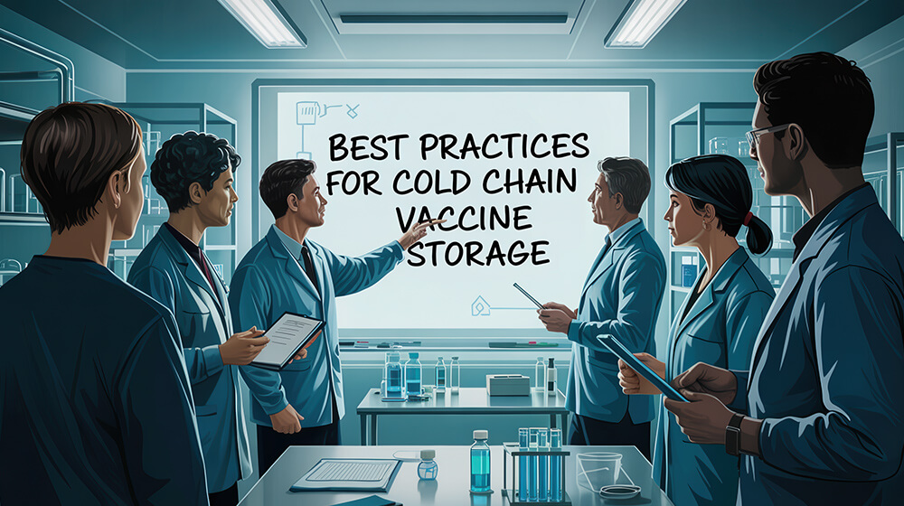 A laboratory technician team discussing best practices for cold chain vaccine storage.